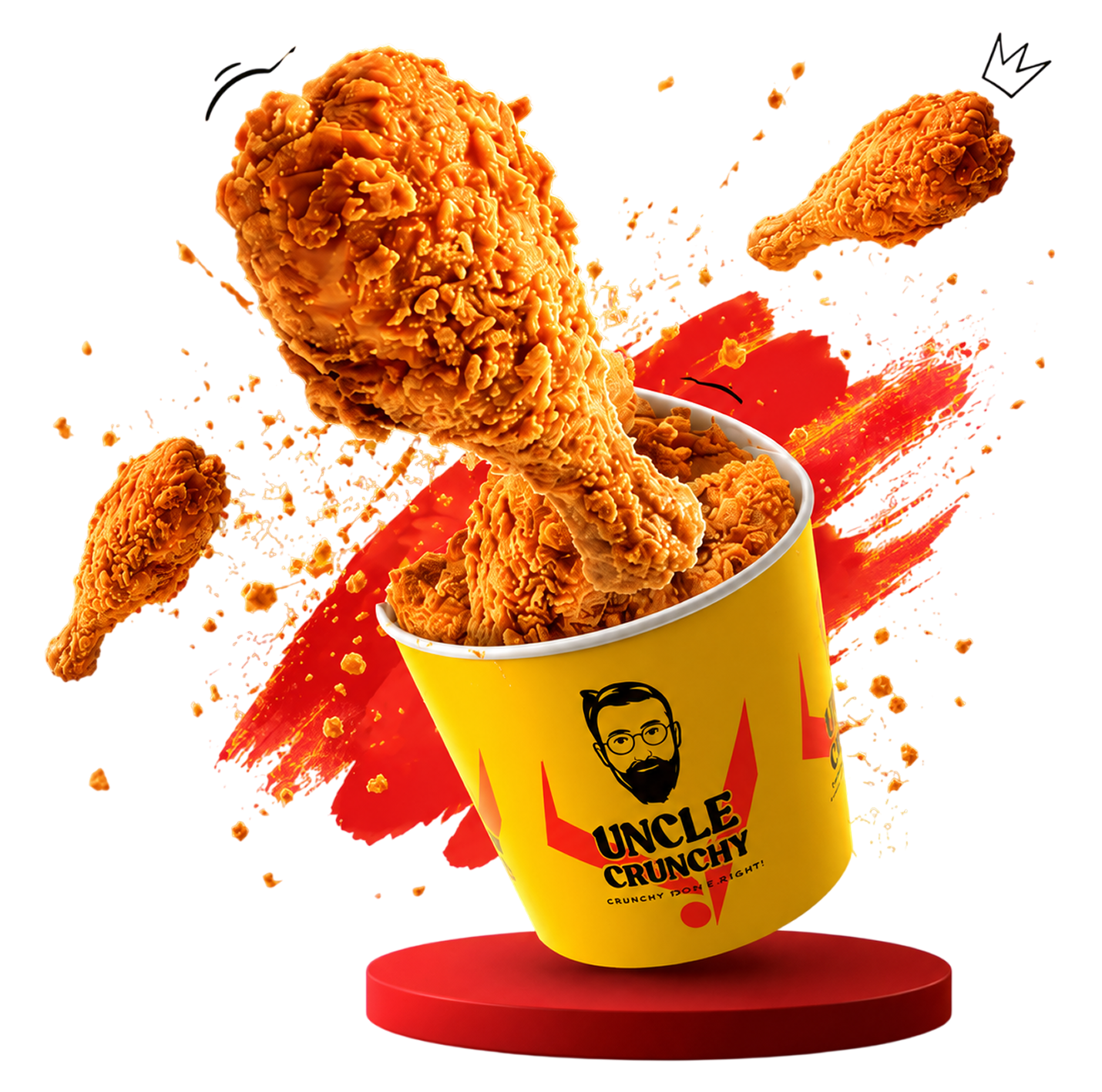 Uncle Crunchy bucket with flying crispy fried chicken