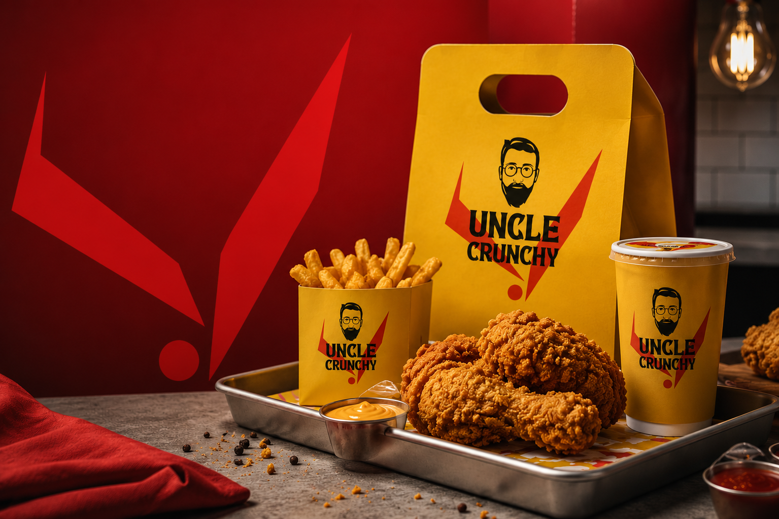 Uncle Crunchy crispy fried chicken with fries and branded packaging